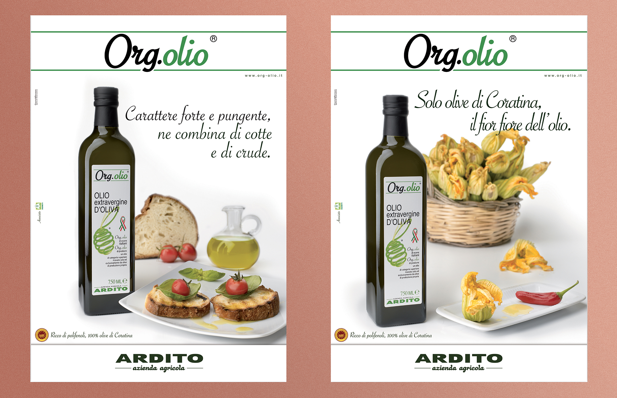 ORGOLIO1 poster pubblicitario con bottiglia di olio e prodotti conditi su sfondo bianco
